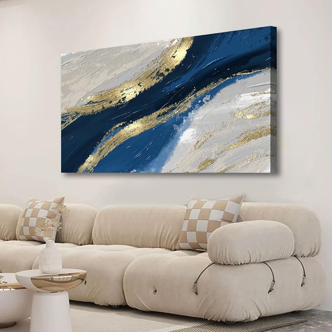 Golden Abstract Wall Art Bedroom Wall Decor Living Room,Blue Canvas Wall Art Office Farmhouse Paintings Artwork Modern Blue White Boho Wall Art Prints Pictures 20 * 40inch