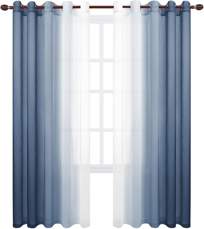 DWCN Blue Ombre Faux Linen Sheer Curtains - Extra Wide Gradient Semi Voile Grommet Top Bedroom and Living Room Curtains, 60 x 84 Inches Long, Set of 2 Window Curtain Panels, Denim Blue