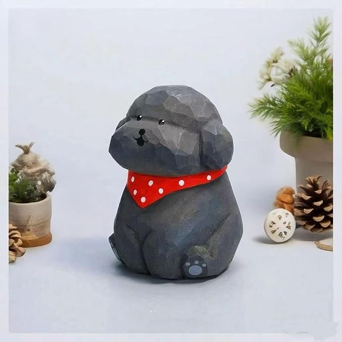 Hand-Carved Wooden Gray Teddy Dog Figurine, 2.7" Gray Puppy Statue with Base for Car Dashboard, Desk & Home Decor, Gift for Dog Lovers