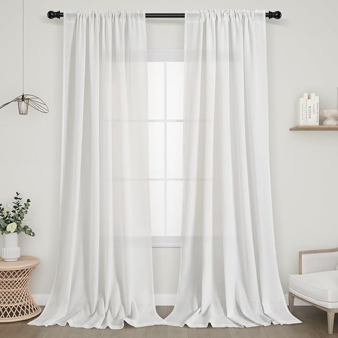 Off White Linen Curtains 102 Inch Length for Living Room Bedroom 2 Panels Set Rod Pocket Light Filtering Semi Sheer Window Curtains 52 Inch Width Boho Farmhouse Linen Drapes, W52xL102