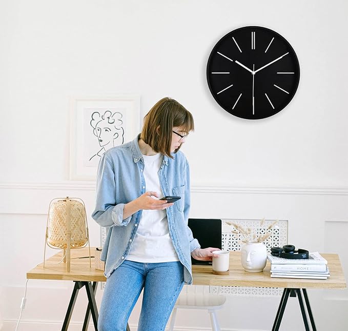 zyzamay Modern 12 Inch Round 3D Wall Clock, Black, Silent Quartz Battery Operated, Easy to Read, Accurate Time, Modern Style