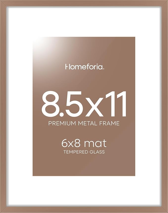 Homeforia 8.5x11 Mocha Picture Frame, High-End Metal, 6x8 Mat, Glass