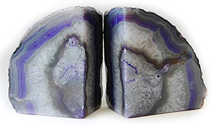 JIC Gem Dyed Purple Agate Geode Bookends Crystal Book Hold for Shelves | 1 Pair, 3-4 Lbs Decorative Gemstone Stoppers with Non-Skid Rubber Bumpers for Tabletop Decor Cute Crystal Supports Gift