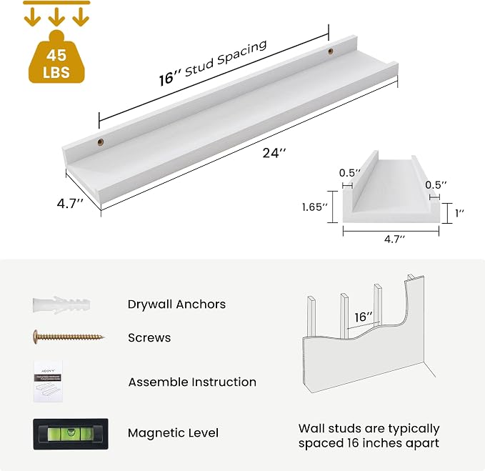 Acovy Solid Ash Wood Picture Ledge Shelf, 24 Inch, White, Set of 2