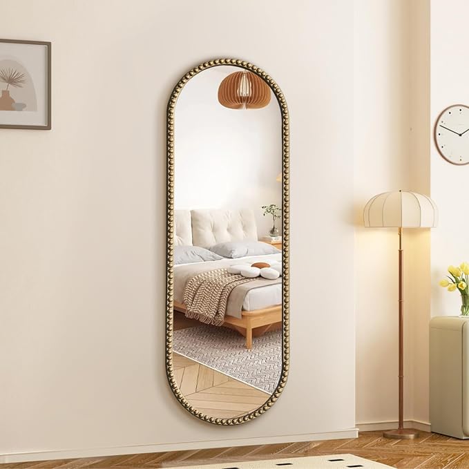 Antique Gold Full Length Mirror Vintage Oval Full Body Mirror Hanging Dressing Beaded Wall Mounted Mirror Decorative Wall Mirrors for Entryway Bedroom 53"X20"