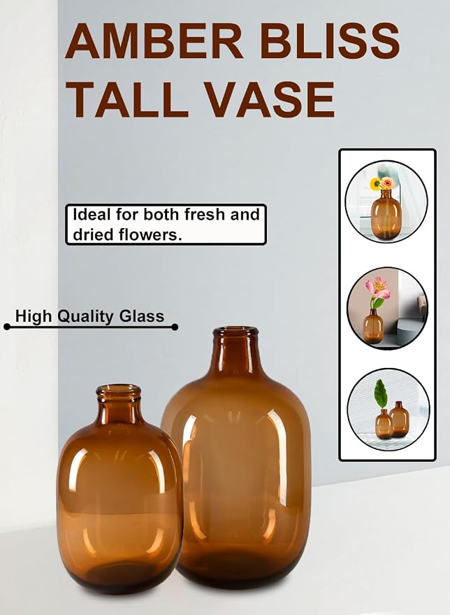 Serene Spaces Living Clear/Brown Tall Vase, Bottle Glass Vase, Elegant Home Decor for Fresh or Dried Flowers, Perfect for Living Rooms, Dining Areas, and Centerpieces (Small - Brown)