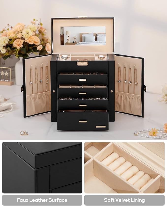 Homde Large Jewelry Box for Women: 5-Layer Organizer with Lock for Dresser | Separated Storage for Necklace Earring Ring Watch to Sort Daily Jewelry - Keep Vanities Tidy - Suitable for Birthday Gift