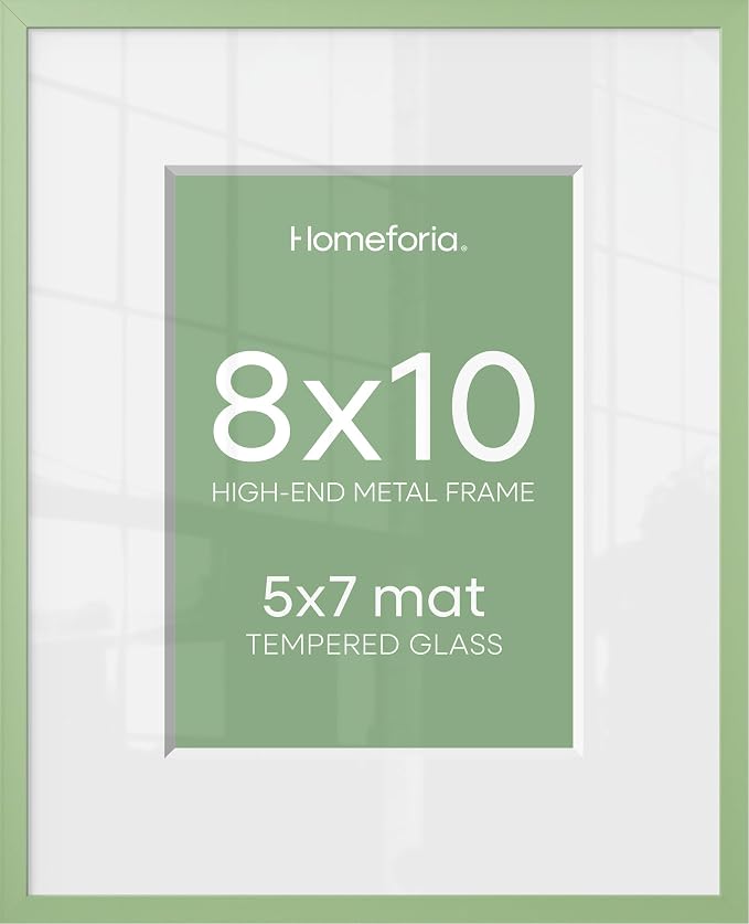 Homeforia 8x10 Green Picture Frame, High-End Metal, 5x7 Mat, Glass