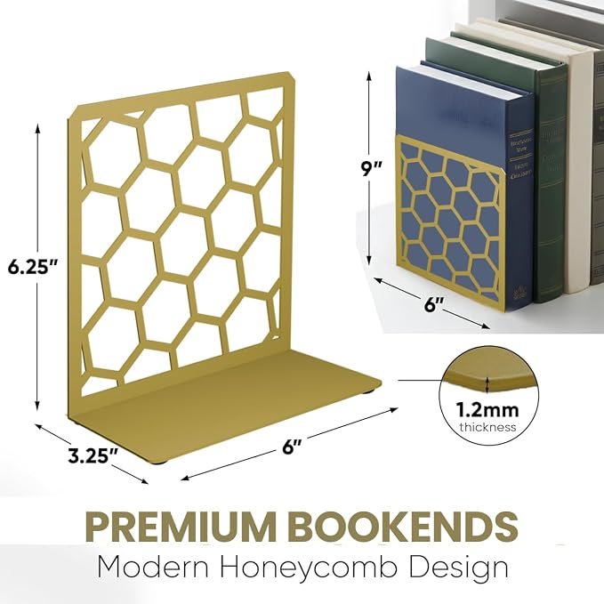 Gold Geometric Honeycomb Metal Bookends - Book Ends for Shelves - Decorative Modern Heavy Duty Bookend Stopper - Book Ends for Heavy Books - Home Office Book Holder - 1 Pair, 6x3.25x6.25 in