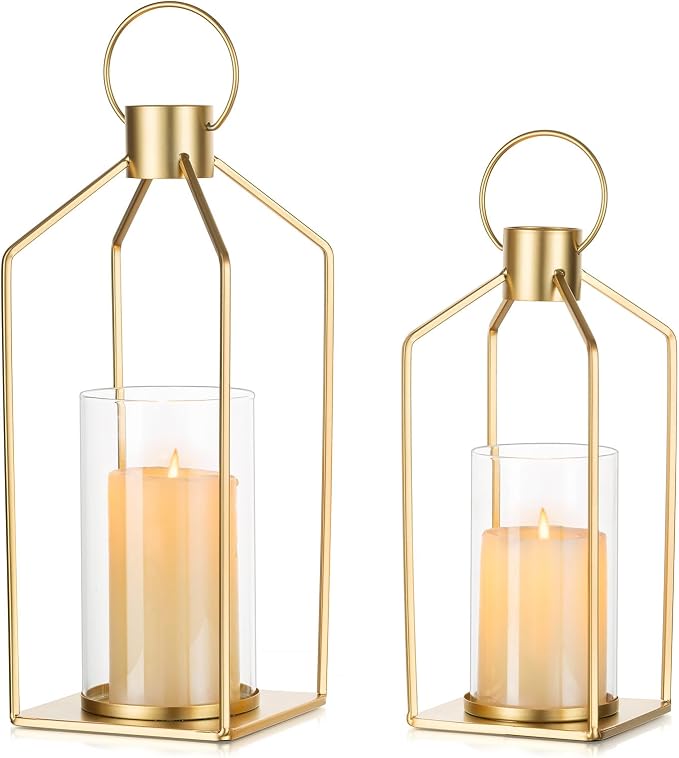 NUPTIO Gold Lanterns Decorative Indoor: Hanging Candle Lantern for Pillars | Hurricane Glass Lantern Set of 2for Wedding Home Front Porch Outdoor Fireplace Christmas Table Centerpiece