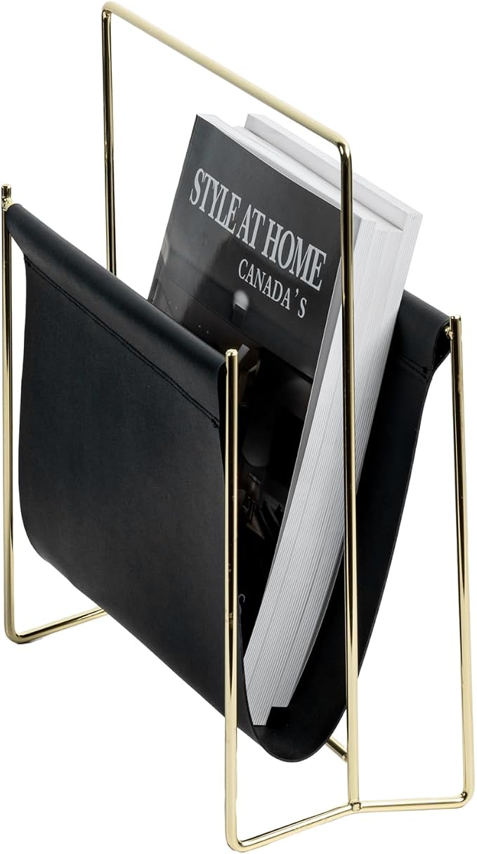 MyGift Black Leatherette Magazine Holder with Gold Metal Frame, 13 Inch | Sleek sling-style organizer keeps magazines, books, and reading materials accessible while adding modern elegance to any room