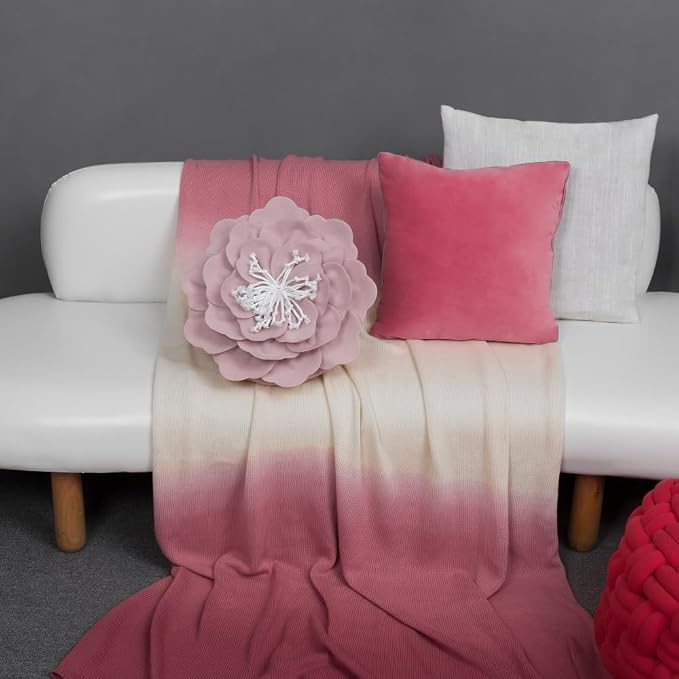 JWH Handmade Flower Throw Pillow Cover with Insert White Stripes Decorative Round Cushion Stereo Pillowcase for Bed Couch Bedroom Chair 14 Inch Pink Polyester
