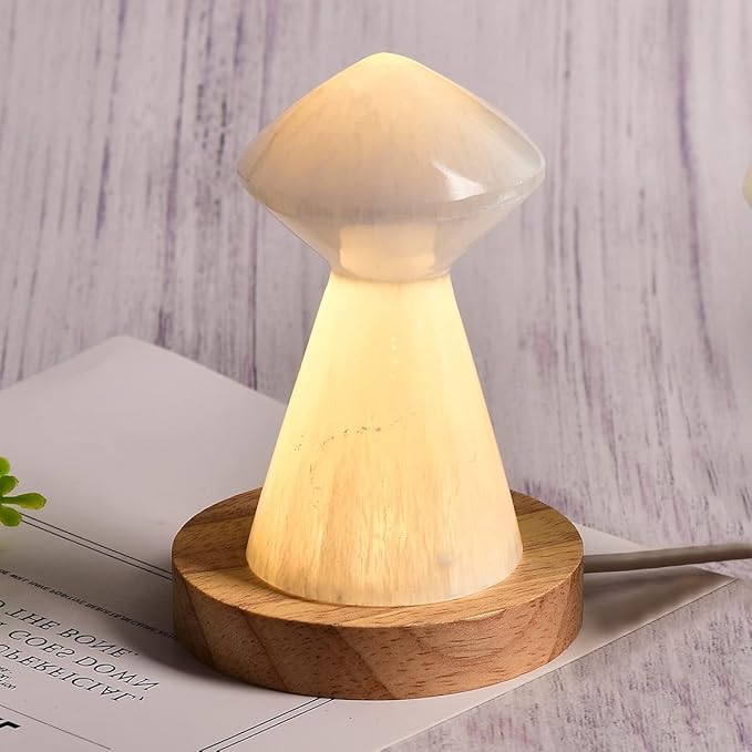 JIC Gem USB Selenite Lamp White Mushroom Small Selenite Crystal Lamp 3.1 Inch with Wooden Light Stand Base