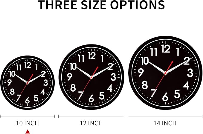 AKCISOT 10 Inch Wall Clock, Silent Battery Operated Analog Clock, Black | Classroom | Kitchen | Office | Easy to Read Numbers | Garage