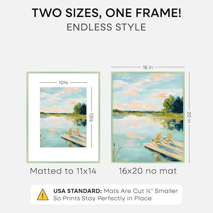 Homeforia 16x20 Green Picture Frame, High-End Metal, 11x14 Mat, Glass
