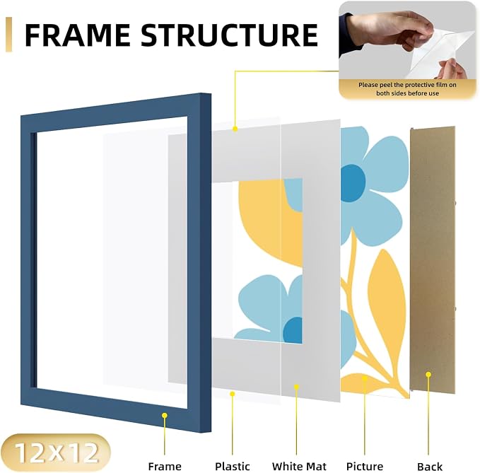 YESKAY 12x12 Picture Frame Set of 9, Photo Gallery Wall Frame Set, Display Pictures 8x8 with Mat or 12 x 12 Without Mat, Square Frame Picture Frames Collage Wall Decor, Blue