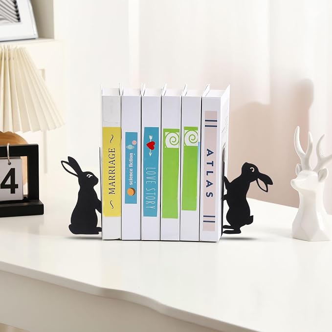 Geelin Rabbit Bookends Set of 2, Metal Bunny Book Ends for Shelves