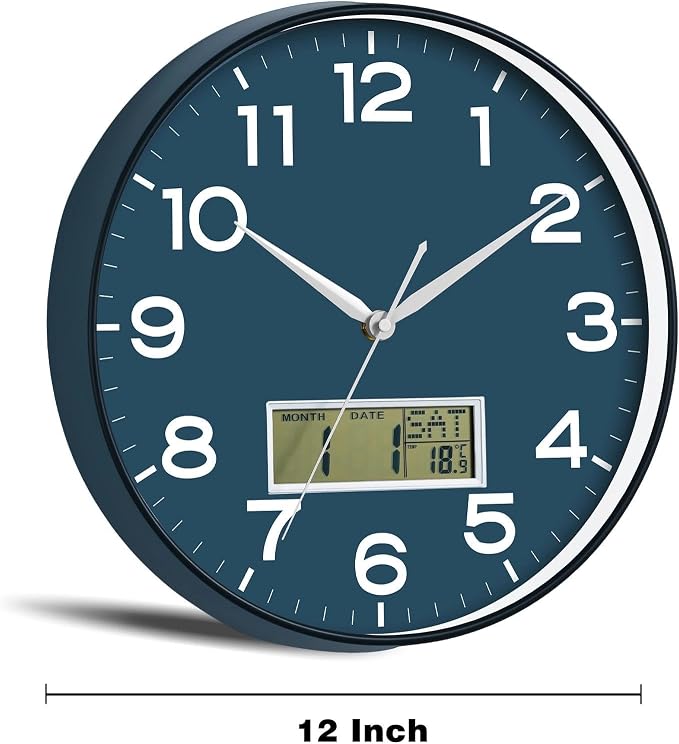 AKCISOT 12 Inch Wall Clock, Silent Battery Operated Analog Clock, Blue | LCD | Office | Kitchen | Living Room | Classroom | Easy-to-read Numbers