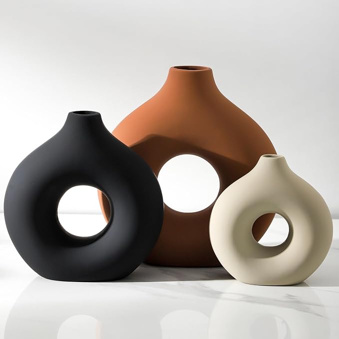 Vanselia Ceramic Vase Home Table Decor - Flower Vases Set of 3 Small Living Room Centerpiece Decorations for Shelf Bedroom Office Kitchen Dining Desk Modern Aesthetic Farmhouse Decorative (Rust)