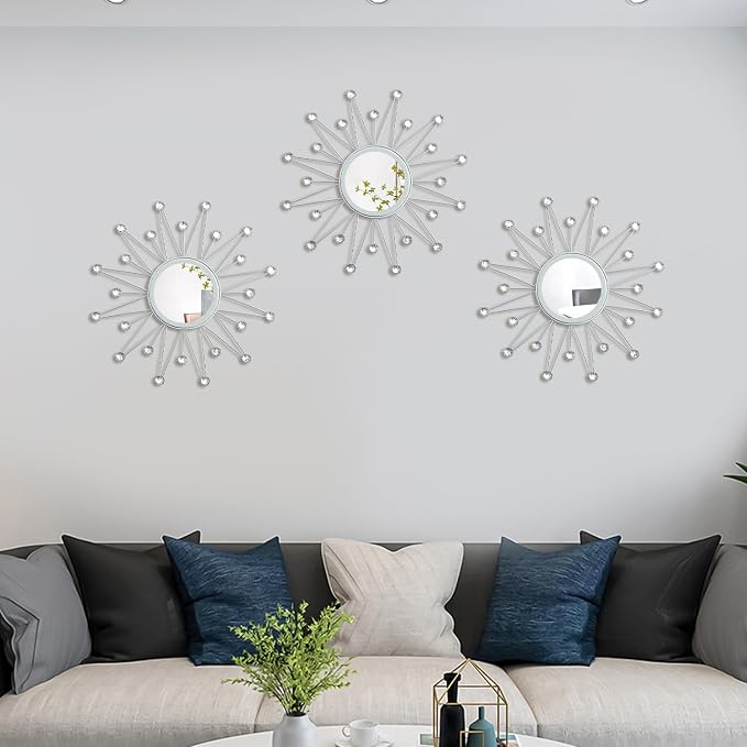 Uaussi 3 Pack Crystal Sunburst Wall Mirror Décor Rhinestone Mirrors Decorative Home Wall Art for Living Room Bedroom Entryway(Triangle Burst Silver)