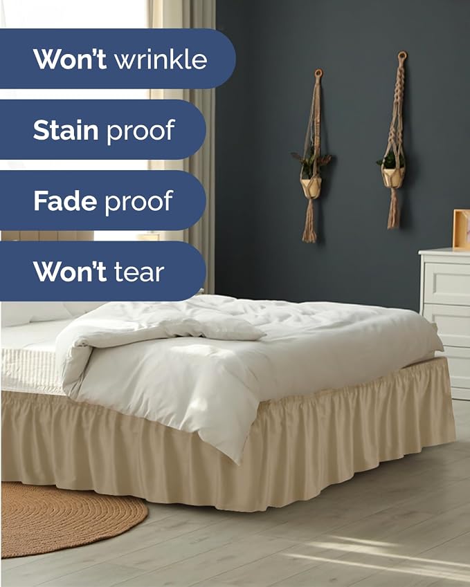 Wrap Around Dust Ruffle Bed Skirt, Queen Size Beds - 14 Inch Drop, Beige | Easy Fit Elastic Strap, Adjustable Pleated Bedskirt w/Brushed Fabric, Wrinkle & Fade Free, for Women, Men, Kids & Teens