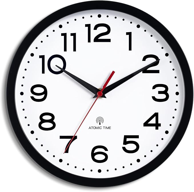 Roymnie 14 Inch Atomic Wall Clock, Battery Operated Silent Non Ticking | Black analog wall clock; bold numerals for easy reading; silent non-ticking; 1 AA battery (not included); for classroom