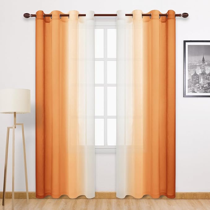DWCN Faux Linen Ombre Sheer Curtains - Fall Gradient Semi Voile Curtains for Bedroom and Living Room, Set of 2 Grommet Top Window Curtain Panels, 52 Wide by 90 Inches Long, Sunset Orange