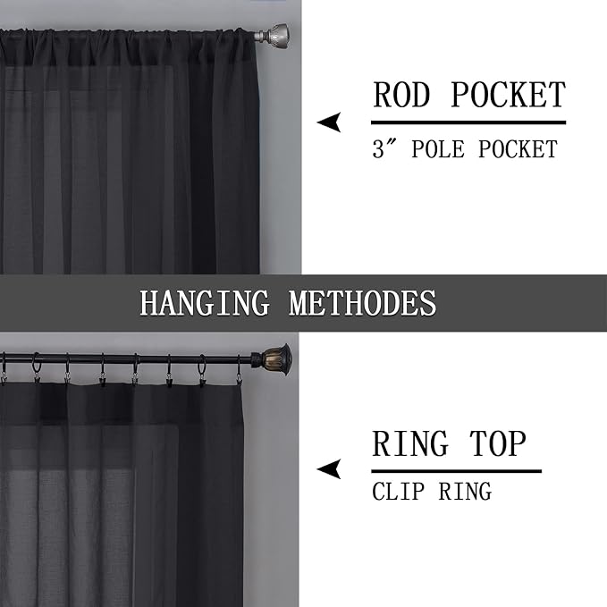 Tollpiz Sheer Curtains Linen Textured Living Room Curtain Sheers Light Filtering Rod Pocket Voile Curtains for Bedroom, 42 x 63 inches Long, Black, Set of 2 Panels