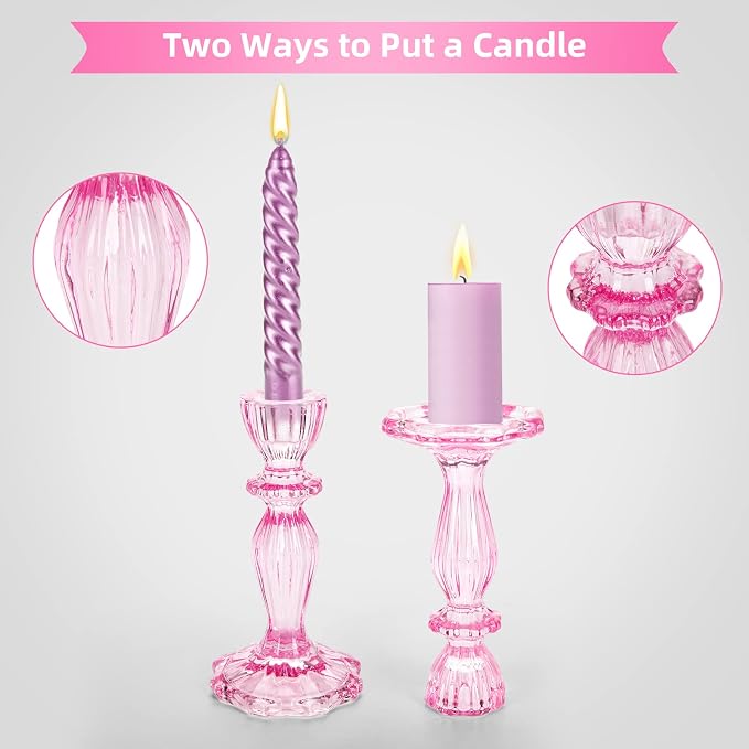 Glass Candle Holders, 2PCS Decorative Candle Stand Wide Base Candlestick Holder Table Centerpiece Decor for Wedding Festival Party Windowsill, Pink