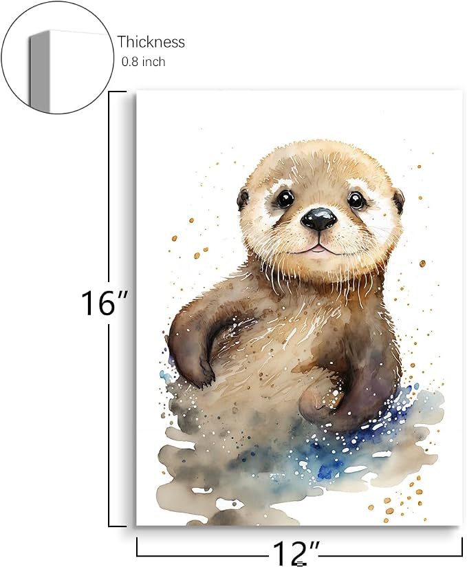 C8BUSIS Otter Canvas Wall Art Watercolor Animal Pictures Cute Otter Wall Decor Painting Splash-ink Poster Print for Bedroom Living Room Kitchen Bathroom Office Decoration (12x16inch, Framed)