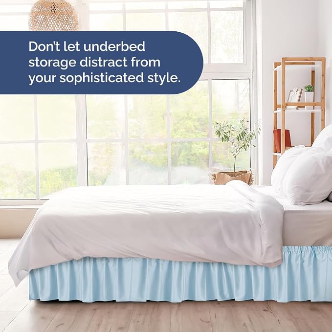 Wrap Around Dust Ruffle Bed Skirt, King Size - 18 Inch Drop, Light Blue | Easy Fit Elastic Strap, Adjustable Pleated Bedskirt w/Brushed Fabric, Wrinkle & Fade Free, for Women, Men, Kids & Teens