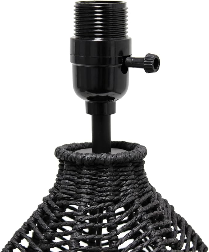 Elegant Designs LT2106-BLK 21" Tall Boho Coastal Inspired Rustic Paper Rope Rattan Wicker Look Standard Table Desk Nightstand Lamp with Light Gray Fabric Linen Shade, Black