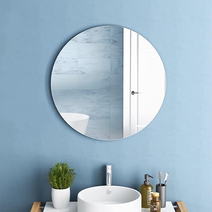 16'' Round Glass Mirror for Wall Decor, Frameless Circle Wall Mirror | 2mm HD Reflection Wall Mounted Mirrors with Tape, Decorative Circular Wall Mirror for Bathroom, Vanity, Entryway, Home Decor