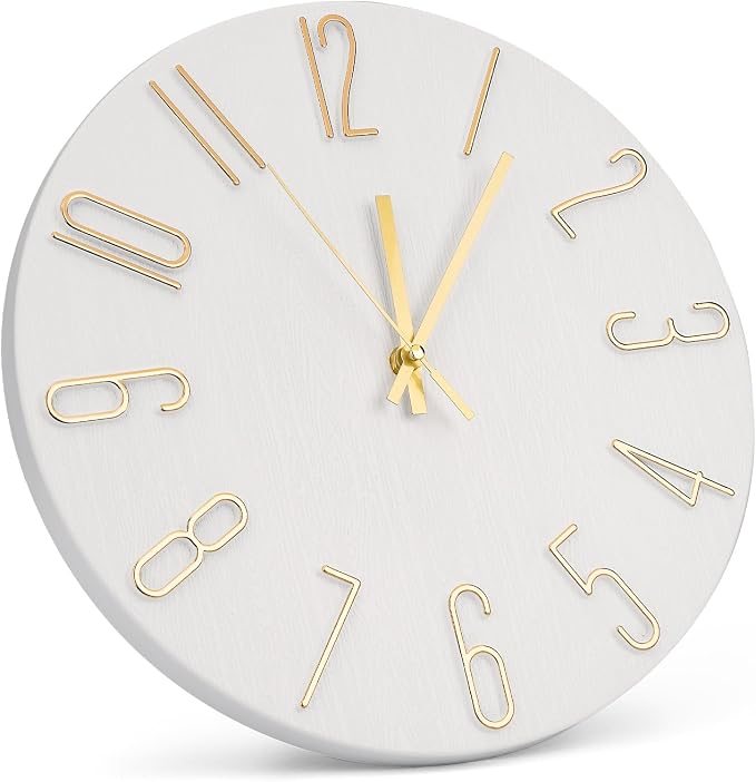 Wall Clock 12 Inch Silent Non-Ticking Imitation Wood Indoor Clock Round White Decor Clock Modern 3D Figures Quartz Wall Clocks for Home, Hotel, Office, School, Bedroom, Living Room, Kitchen