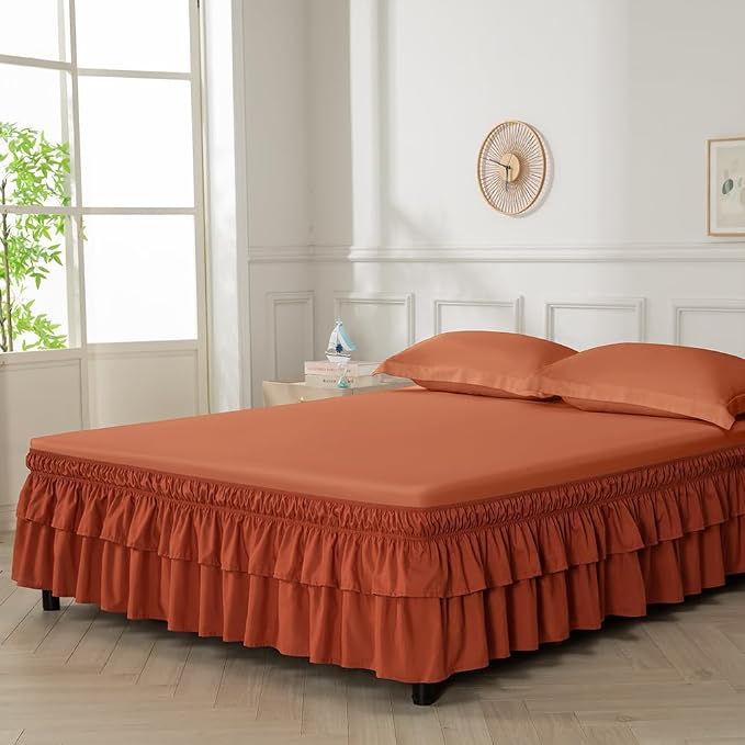 Double-Layered Ruffled Bed Skirt,Orange Red,Twin/Twin XL, 14" Drop | Wrap Around, Adjustable Elastic, 2 Layer, Machine Washable Soft Fabric, Multi Ruffle Bedskirt