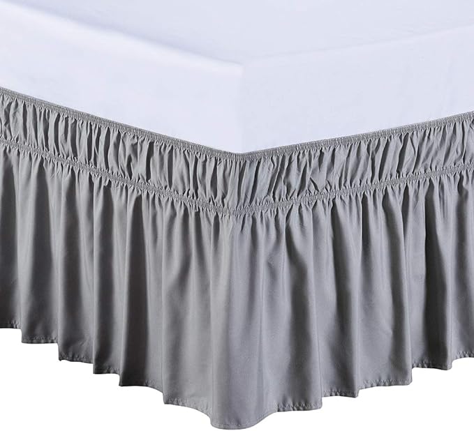 MEILA Wrap Around Elastic Bed Skirt for Twin & Full Beds, 24" Drop, Grey | Three-Side Adjustable Elastic Dust Ruffle, Ruffled Polyester Fabric, Easy to Install, Fade Resistant & Machine Washable