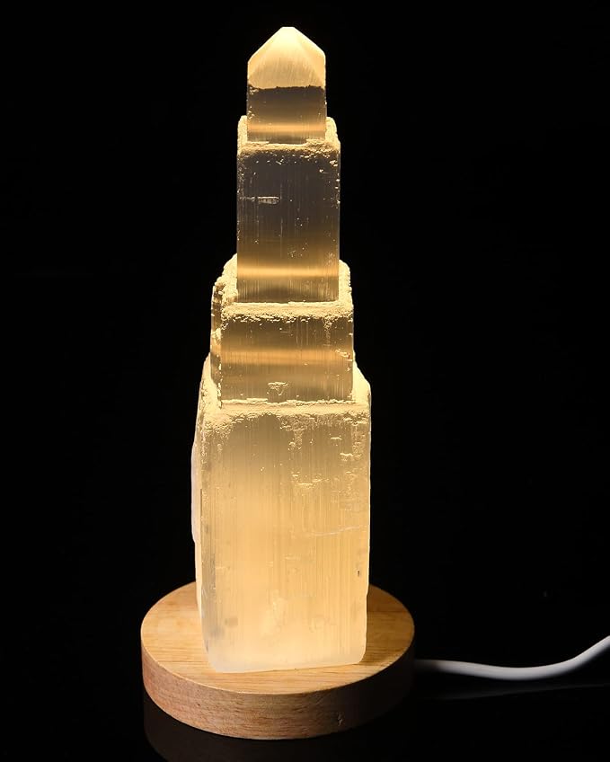 JIC Gem USB Selenite Tower Lamp Natural Selenite Skyscraper Healing Crystal Lamp 6 Inch with Wooden Light Stand Base