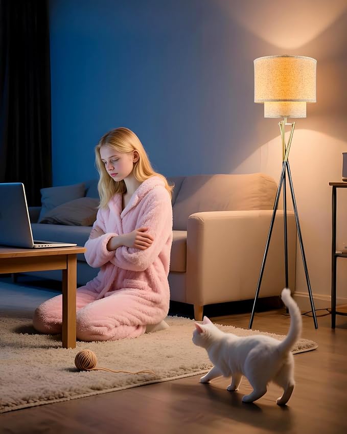 Lightdot Gold Tripod Floor Lamp, Modern Floor Lamp for Living Room, Standing Lamp with Linen Shade, E26 Bulb Included, 66" Tall Floor Lamps for Bedroom, Home Office