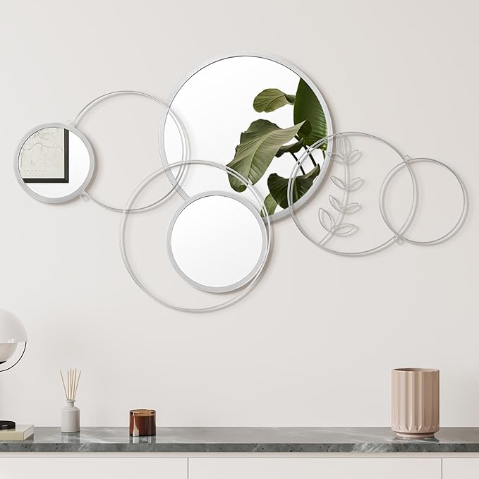 Hicarer 4 Pcs Wall Mirror Decoration Round Decorative Mirrors 41.34'' x 17.72'' Metal Overlapping Mirror Decoration for Home Living Dining Room Kitchen Entryway Office Bedroom Wall(Silver)