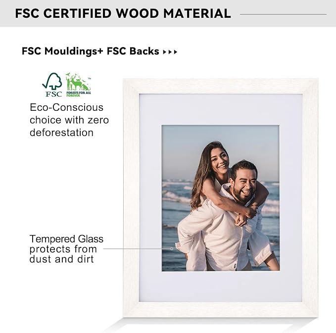11x14 Picture Frame-White,8x10 Mat,Tempered Glass,Engineered Wood