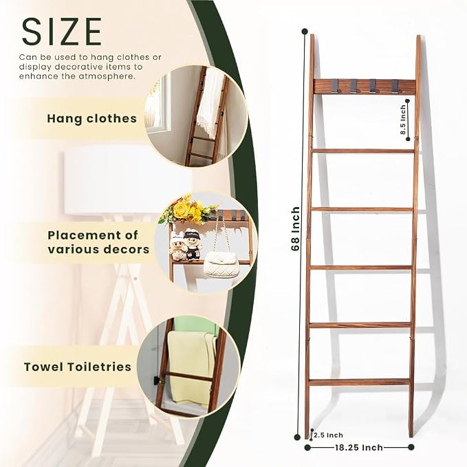 Wooden Blanket Ladder for Living Room 6-Tier, Decorative Ladder Blanket Rack & Quilt Ladder Decor, Rustic Farmhouse Wood Ladder with Removable Hooks, Anti-Slip Sturdy Blanket Holder, 68 Inch, Brown