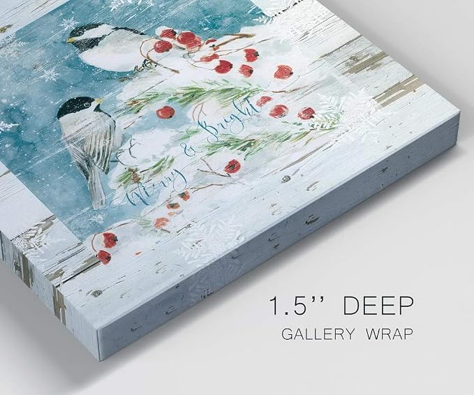 Renditions Gallery Christmas Abstract Wall Art Bright Merry Chickadees on White Snowed Cherry Trees Canvas Hanging Artwork Prints for Bedroom Office Home Kitchen - 10"X10" LT05