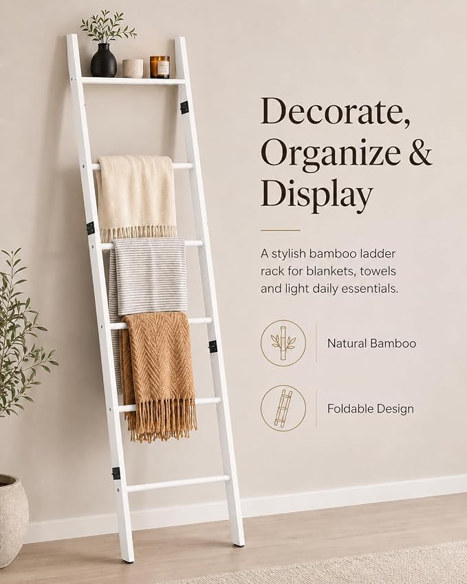6 Tier Blanket Ladder with Shelf, Wooden Blanket Rack for Living Room, Leaning Towel Ladder Rack for Bedroom, Bathroom, Quilts, Throws, Towels and Farmhouse Décor White
