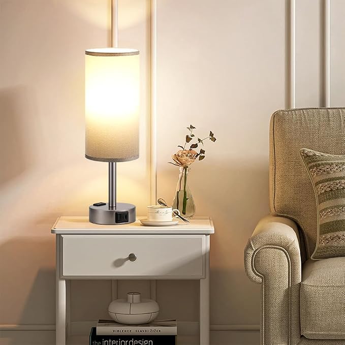 Fenmzee Grey Bedside Lamp for Bedroom, Dimmable Touch, USB A+C, AC Outlet