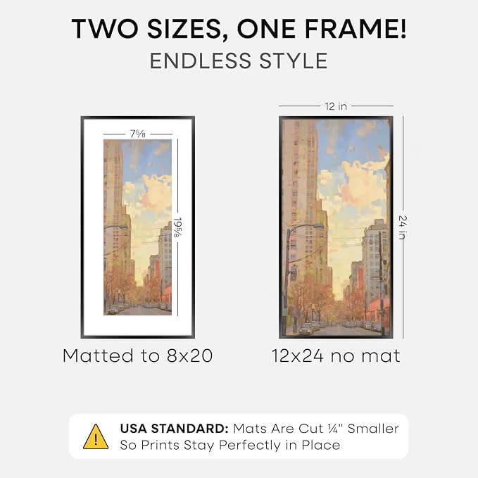 Homeforia 12x24 Black Picture Frame, High-End Metal, 8x20 Mat, Glass