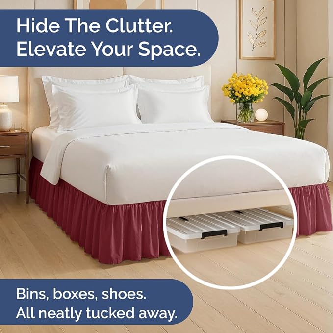 Bedskirt Full Size Ruffle - Ruffled Bed Skirt - 12 Inch Drop - Burgundy | Bedskirt with Platform, Ultra-Soft Premium Hotel Quality, Wrinkle Free, Fade & Shrink Resistant, for Women, Men, Kids & Teens