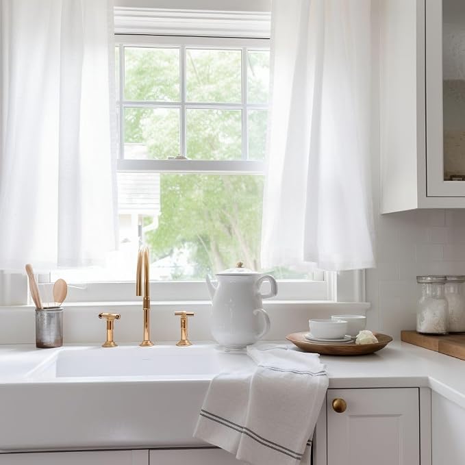 YoungsTex White Linen Curtains 34 X 40 Inch Length for Kitchen Window | Small Semi Sheer Drapes Light Filtering with Bronze Grommet for Cafe Bathroom Short Window, 2 Panels