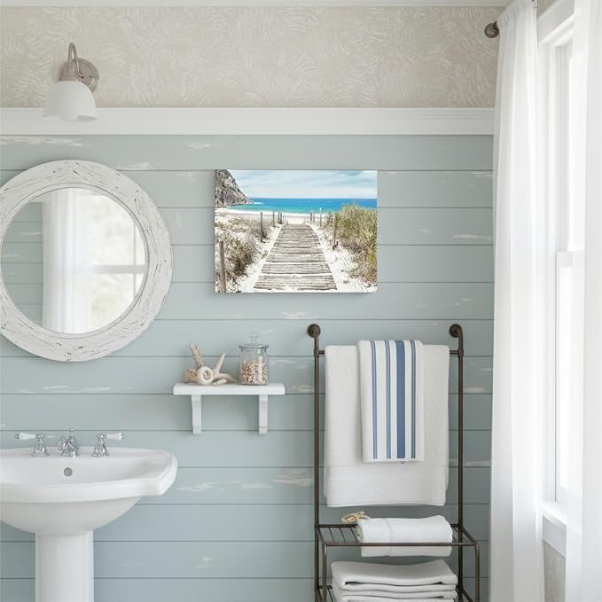 Bathroom Wall Art Beach Picture: Modern Ocean View Sea Canvas Artwork Decor Contemporary Coastal Scene Wave Seascape Painting Horizontal Scenic Nature Landscape Seaside Boardwalk Prints for Living