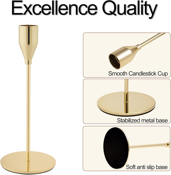Gold Candlestick Holders, Metal Taper Candle Holders, Set of 6 | Elegant gold candle stands, 3 heights, for wedding centerpieces, dining tables, mantels, parties, Thanksgiving and home decor