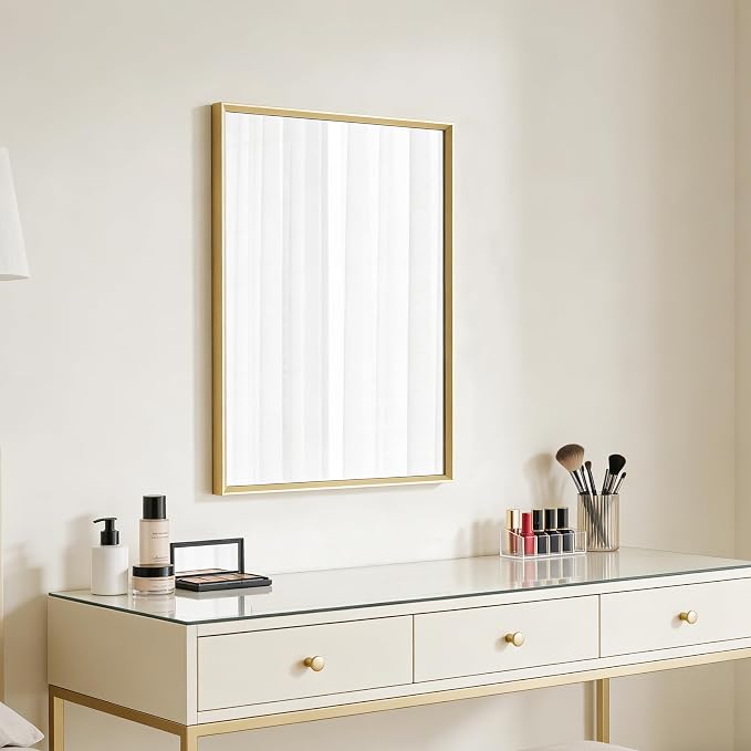 Bathroom Mirror for Wall, 24x16 Inch Framed Vanity Mirror Brushed Gold | Rectanglar Metal Beveled Framed Mirror for Over Sink, Tempered Glass, Anti-Rust, Hangs Horizontally or Vertically
